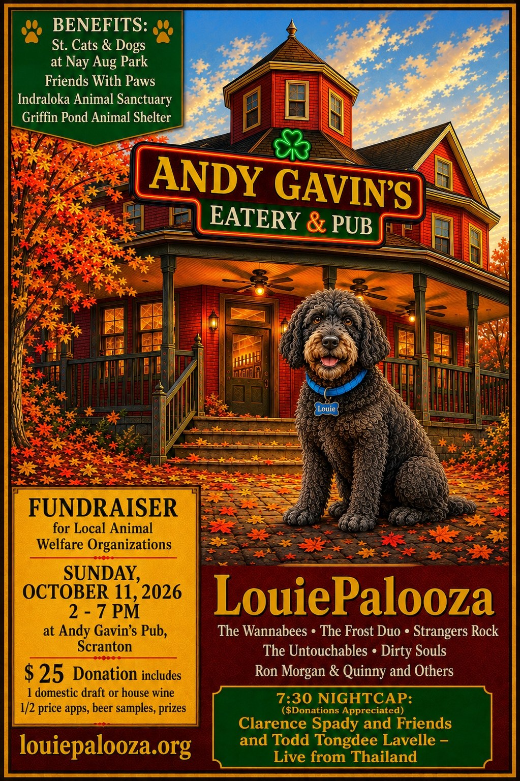 LouiePalooza poster: Louie, a curly black dog in a blue collar, sits on the autumn-leaf-covered porch steps of Andy Gavin's Eatery & Pub. Sunday, October 11, 2026, 2 to 7 pm, Scranton. $25 donation.